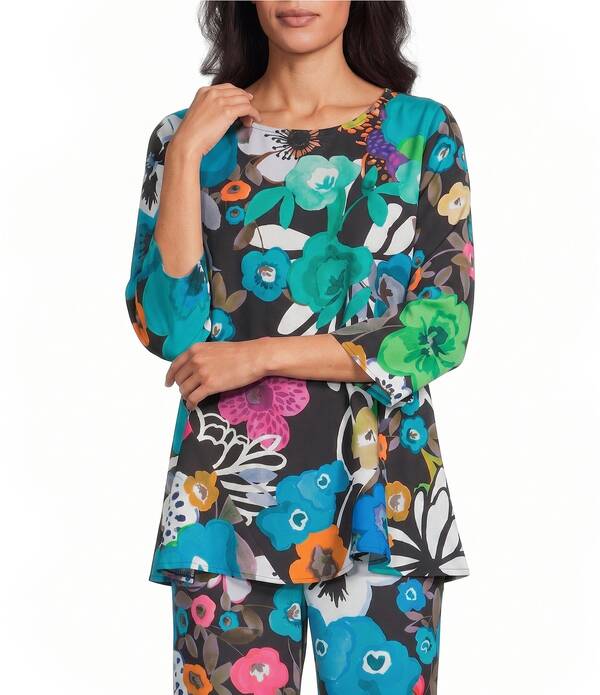 キャロライン ローズ レディース トップス シャツ クレープ A ライン フラワー柄 プリント フラワー Caroline Rose Bright Multi Floral Print Crepe Scoop Neck 3/4 Sleeve A-Line Flare Top Multi Black ブラック