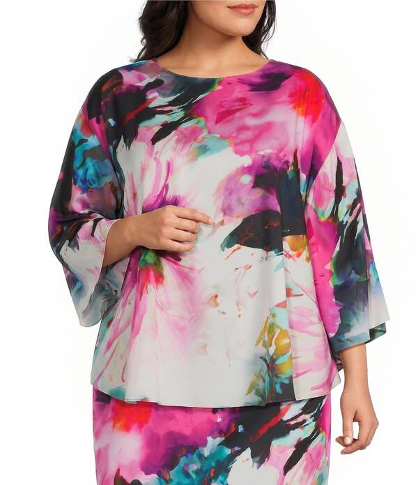 樂天商城 - キャロライン ローズ レディース トップス シャツ フラワー柄 プラスサイズ プリント フラワー Caroline Rose Plus Watercolor Floral Print Round Neck 3/4 Dolman Sleeve Top Multi White ホワイト