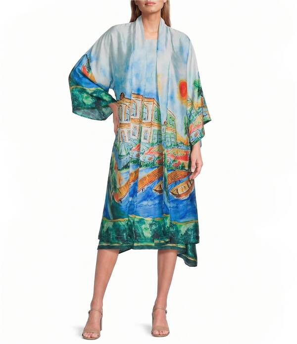 アイシーコレクション レディース アウター コート プリント ジャケット ICollection Scenic Print Shawl Collar Long Sleeve Open Front Kimono Jacket Multi マルチカラー