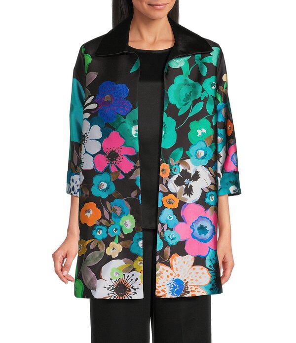 キャロライン ローズ レディース アウター コート フラワー柄 プリント フラワー ジャケット Caroline Rose Mikado Bight Multi Floral Print Spread Collar Cuffed Bracelet Sleeve Open-Front Long Statement Jacket Multi Black ブラック