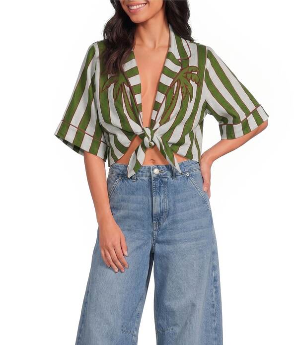 ファーム レディース トップス シャツ Vネック プリント レース リネン Farm Rio Spring Stripes Palm Placement Print V-Neck Short Sleeve Tie Front Linen Crop Top Spring Stripes Green グリーン