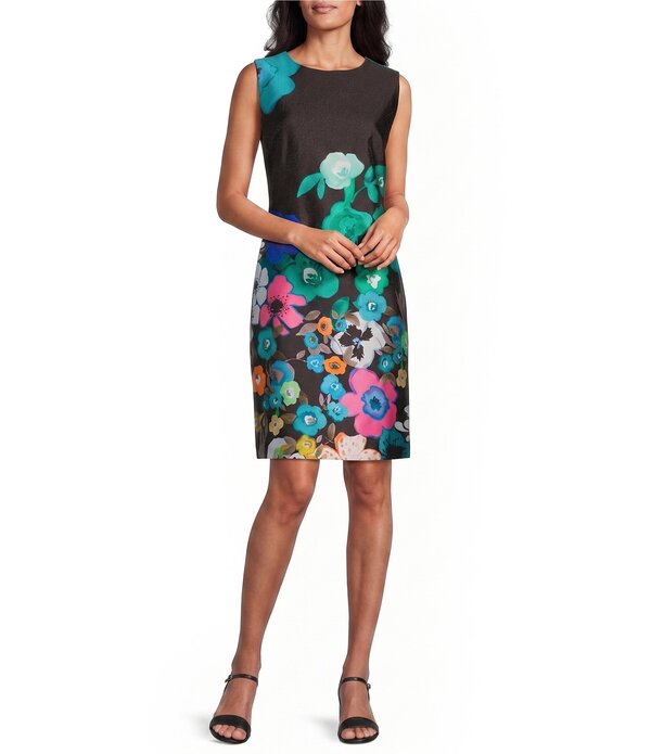 キャロライン ローズ レディース トップス ワンピース フラワー柄 プリント ノースリーブ フラワー Caroline Rose Mikado Bright Multi Floral Print Scoop Neck Sleevelessheath Dress Multi Black ブラック