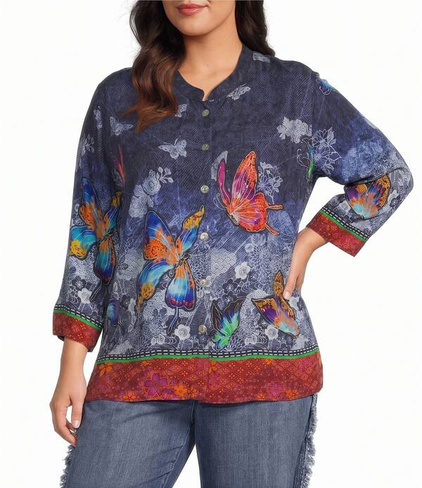 ジョン マーク レディース トップス シャツ フラワー柄 プラスサイズ プリント フラワー John Mark Plusize Woven Allover Butterfly Floral Print Button-Frontunic Multi マルチカラー