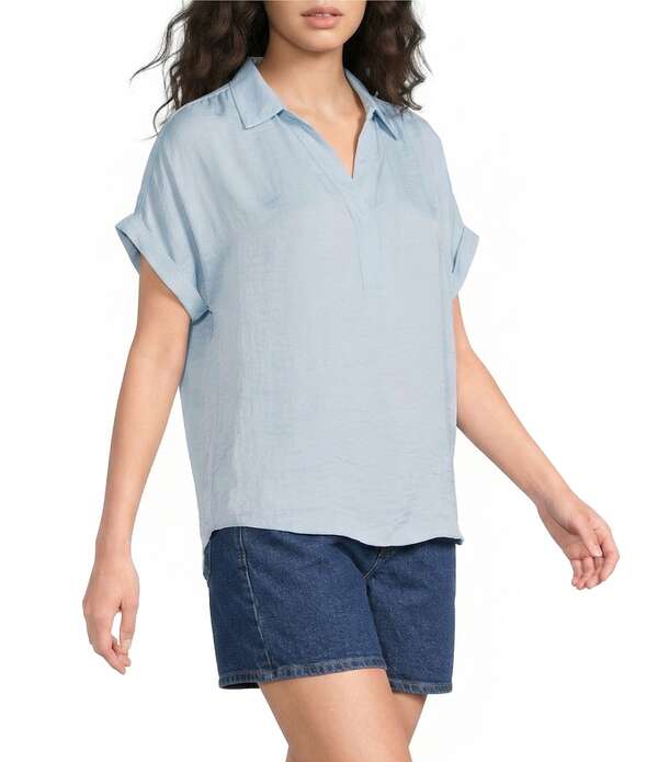 ギブソンアンドラティマー レディース トップス シャツ Vネック キャップ Gibson & Latimer Woven Collared V-Neck Cap Sleeve Hi-Low Top Light Blue ブルー