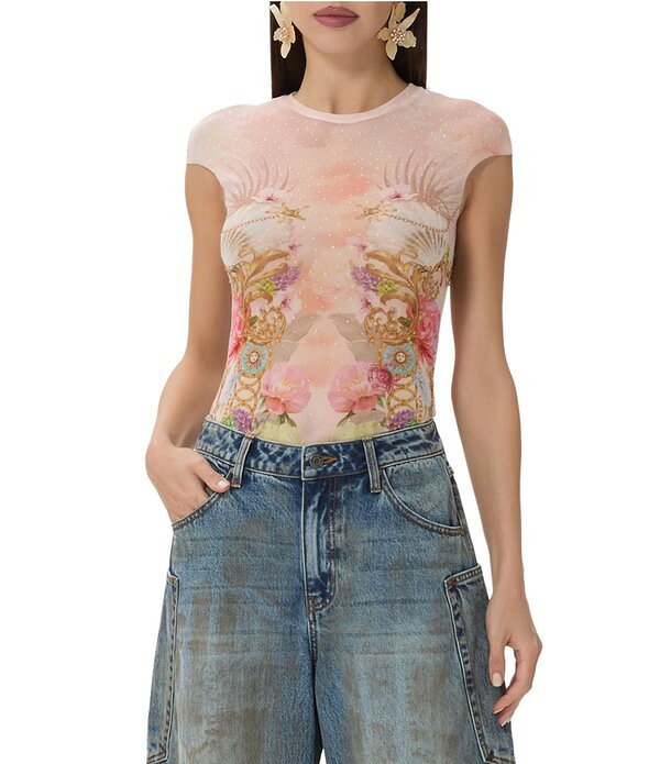 エーエフアールエム レディース トップス Tシャツ クルーネック プリント メッシュ AFRM Nina Printed Crew Neck Short Sleeve Mesh Top Shell Scene