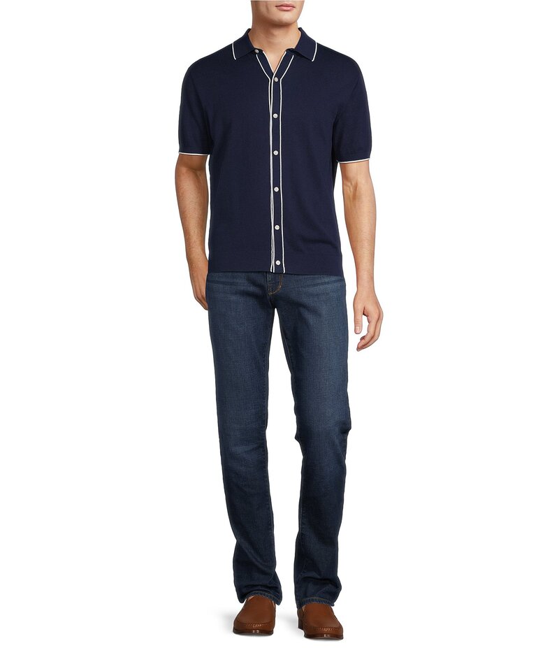 【送料無料】 ハート シャフナー マルクス メンズ シャツ トップス The Mr. Classic Collection Short Sleeve Coatfront Knit Sweater Shirt Dark Blue