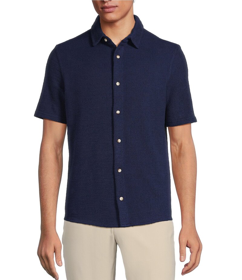 饦  ȥåץ   Rowm Short Sleeve Textured Solid Coatfront Shirt Ink Blue ...