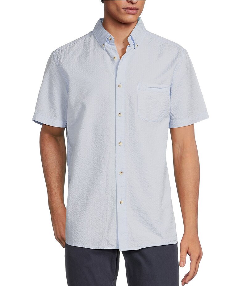 饦  ȥåץ   Rowm Short Sleeve Solid Seersucker Coatfront Shirt Soft Blu...