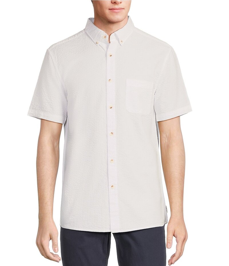 饦  ȥåץ   Rowm Short Sleeve Solid Seersucker Coatfront Shirt White ۥ...