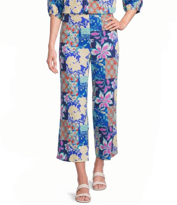 インベストメンツ レディース ボトムス カジュアルパンツ ワイドレッグ フラワー柄 プリント パッチワーク フラワー Investments Patchwork Floral Print Pull-On Wide Leg Crop Coordinating Pants Patchwork Floral
