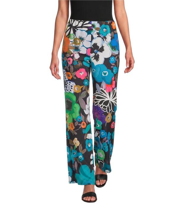 キャロライン ローズ レディース ボトムス カジュアルパンツ クレープ フラワー柄 プリント フラワー Caroline Rose Bright Multi Floral Print Crepe Flat Front Elastic Waist Wide-Leg Pants Multi/Black ブラック