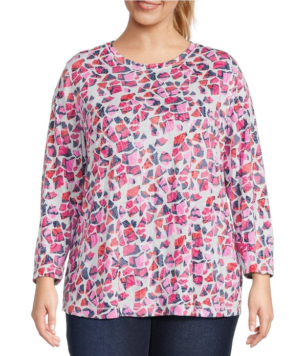 マルチプルズ レディース トップス Tシャツ プラスサイズ プリント ニット Multiples Plusize Burnout Knit Scoop Neck 3/4 Sleeve Crinkle Paisley Printop Multi マルチカラー