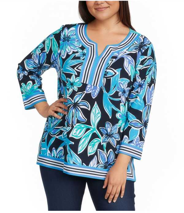 マルチプルズ レディース トップス Tシャツ Vネック フラワー柄 プラスサイズ フラワー Multiples Plusize Floral Stripe Split V-Neck 3/4 Sleeve Side Vents Top Multi マルチカラー