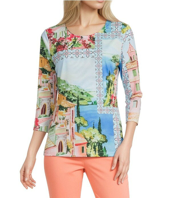 アリソン デイリー レディース トップス Tシャツ クルーネック プチ プリント ニット Allison Daley Petite Size French Blue Patch Print 3/4 Sleeve Crew Necknitop Multi French Patch マルチカラー