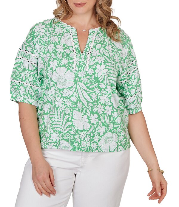 ルビーアールディー レディース トップス Tシャツ Vネック フラワー柄 プラスサイズ フラワー Ruby Rd. Plusize Tropical Floral Split V-Neck Elbow Sleeve Top Springreen Multi グリーン