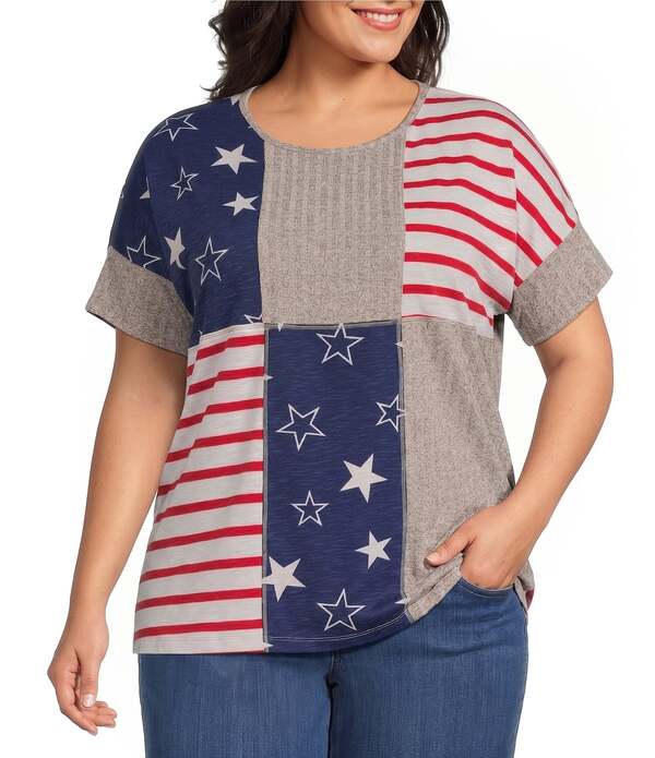 マルチプルズ レディース トップス Tシャツ プラスサイズ プリント ニット Multiples Plusize Slub Knit Yarn Dye Stripe Star Print Scoop Neck Short Dolman Sleeve Top Multi マルチカラー