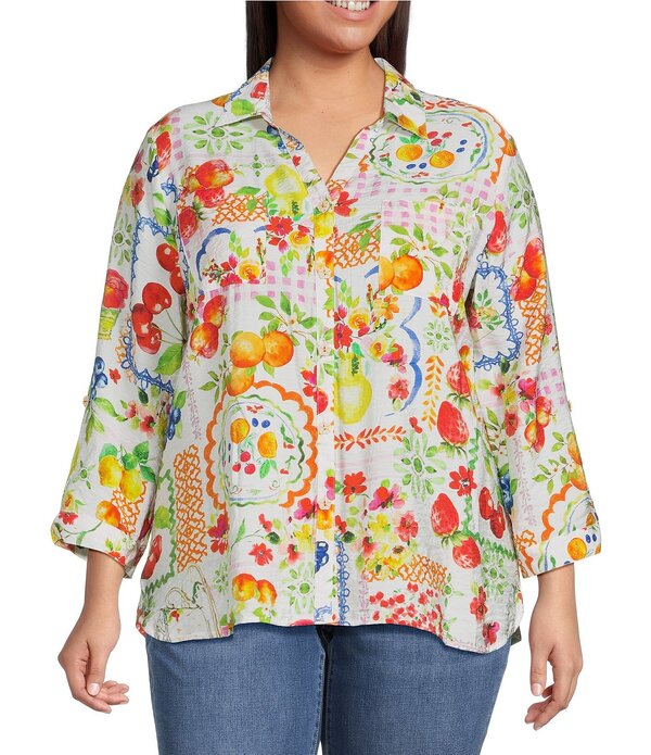 アリ マイルス レディース トップス シャツ プラスサイズ プリント Ali Miles Plusize Allover Multi Fruit Print Point Collar 3/4 Roll-Tab Sleeve Button-Front Shirt Multi マルチカラー