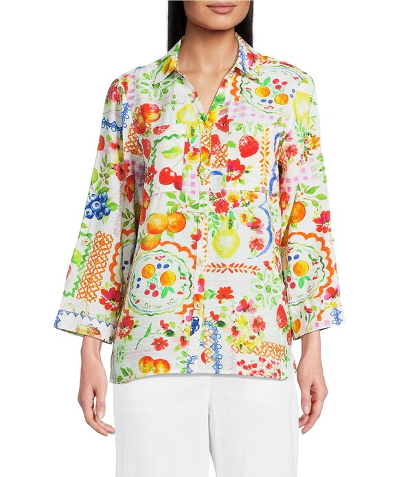 アリ マイルス レディース トップス シャツ プチ プリント Ali Miles Petite Size Allover Multi Fruit Print Point Collar 3/4 Roll-Tab Sleeve Button-Front Shirt Multi マルチカラー