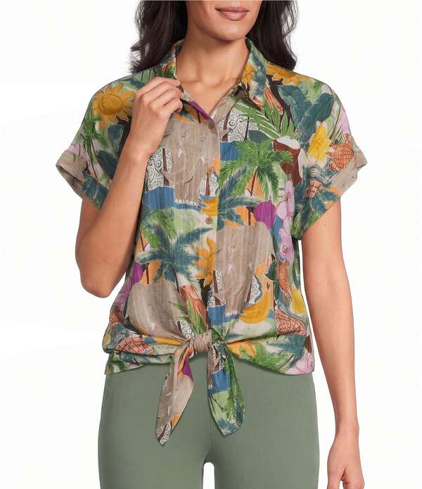 アリソン デイリー レディース トップス シャツ プチ プリント Allison Daley Petite Size Multi Tropics Print Short Sleeve Point Collar Button Frontie Hem Top Multi Tropics マルチカラー