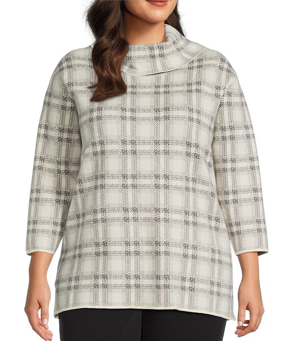マルチプルズ レディース トップス Tシャツ プラスサイズ ニット Multiples Plusize Jacquard Knit Plaid Cowl Neck 3/4 Sleeve Top Multi マルチカラー