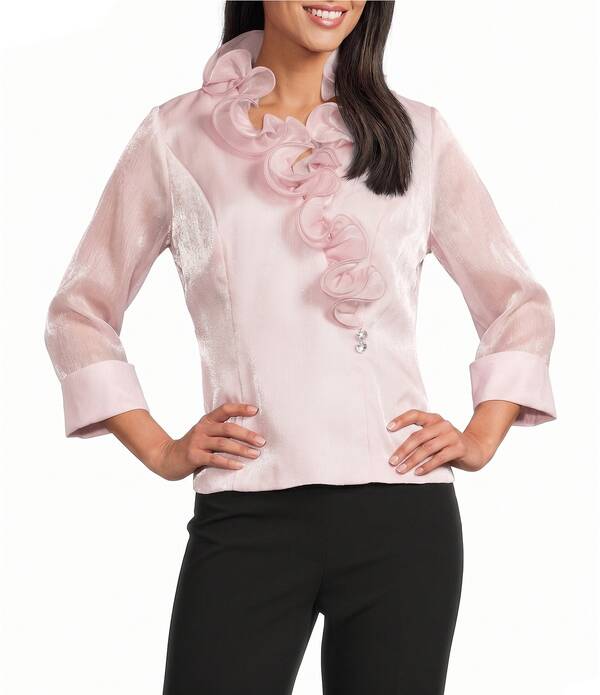アレックスイブニングス レディース トップス シャツ Vネック シフォン フリル ブラウス Alex Evenings Yoryu Chiffon Ruffle V-Neck Illusion 3/4 Sleeve Blouse Shell Pink ピンク