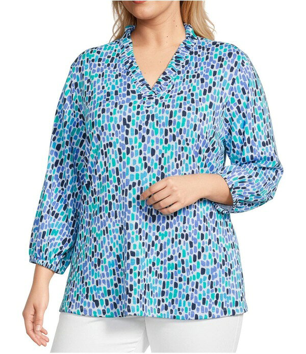 マルチプルズ レディース トップス Tシャツ プラスサイズ フリル ニット Multiples Plusize Slub Knit Geometric Ruffled Y-Neck 3/4 Sleeve Top Multi マルチカラー