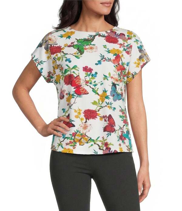 インベストメンツ レディース トップス Tシャツ フラワー柄 プリント キャップ ニット フラワー Investments Multi Floral Butterfly Print Cap Sleeve Boat Neck Rory Knitee Multi Floral Butterfly マルチカラー