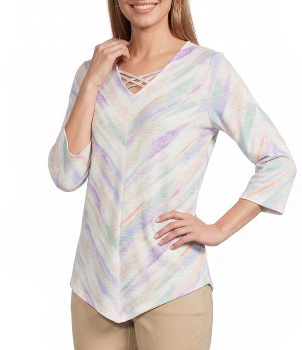 アリソン デイリー レディース トップス Tシャツ Vネック ニット Allison Daley Multi Brush Stripe 3/4 Sleeve Crisscross V-Necknitop Multi Brush Stripe マルチカラー