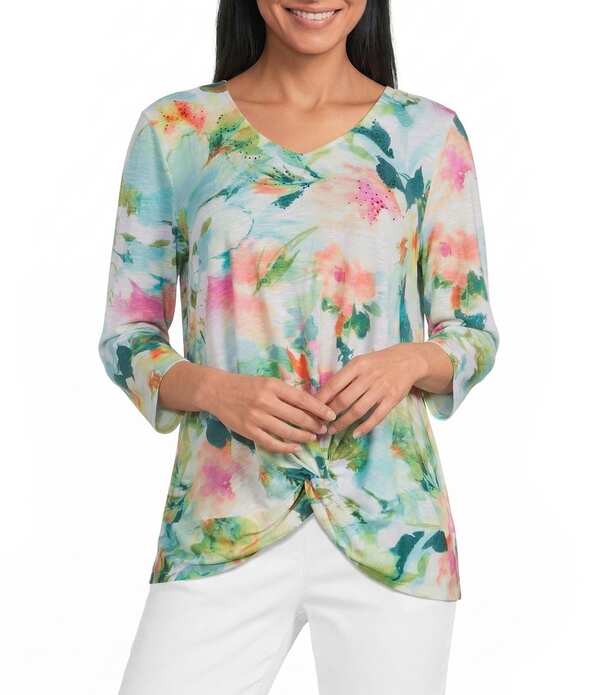 アリソン デイリー レディース トップス Tシャツ Vネック ニット Allison Daley 3/4 Sleeve V-Necknot Hem Knitop Multi Floral Expression マルチカラー
