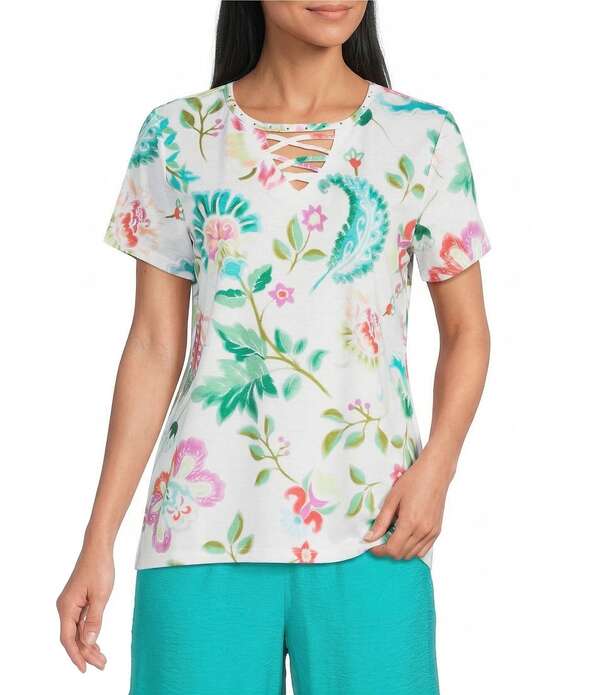 アリソン デイリー レディース トップス Tシャツ Vネック フラワー柄 ニット フラワー Allison Daley Demask Floral Rainbow Embellished Short Sleeve Crisscross V-Necknitop Multi Demask Rainbow マルチカラー