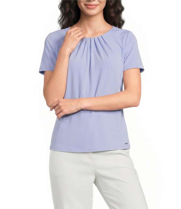 カルバンクライン レディース トップス Tシャツ クルーネック フラワー柄 プリーツ ニット ジャージー フラワー Calvin Klein Knit Jersey Floral Pleated Crew Neck Short Sleeve Top Spring Mist