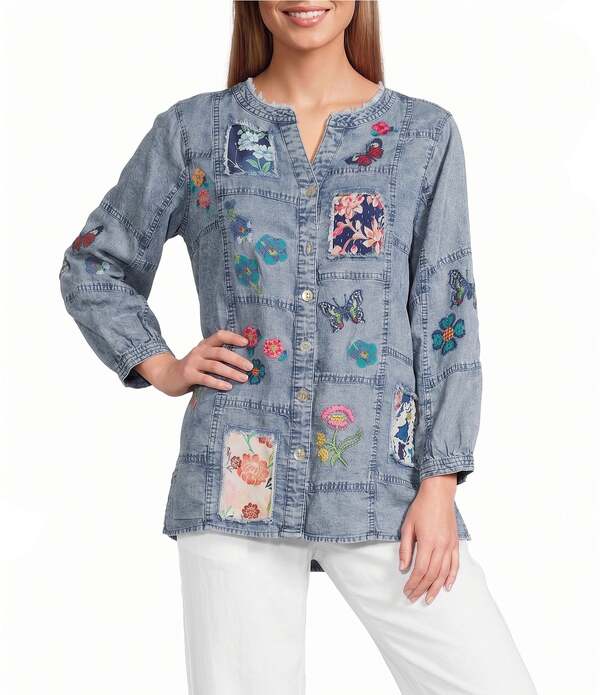 ジョン マーク レディース トップス シャツ Vネック パッチワーク 刺繍 ブラウス John Mark Embroidered Patchwork Split V-Neck 3/4 Sleeve Button-Front Blouse Chambray