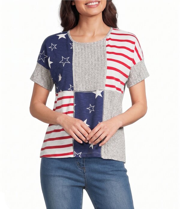 マルチプルズ レディース トップス Tシャツ ニット Multipleslub Knit Yarn Dye Stripe & Star Americana Scoop Neck Short Dolman Sleeve Top Multi マルチカラー