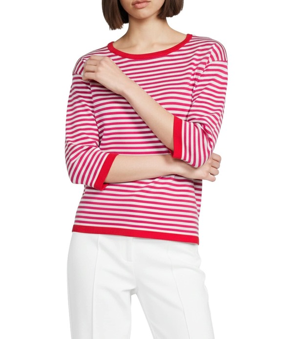 マルチプルズ レディース トップス Tシャツ コントラスト ニット Multiples Knit Striped Red Hot Contrastrim Boat Neck 3/4 Sleeve Top Candy Pink ピンク