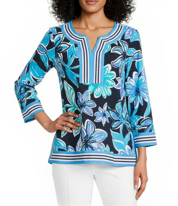 マルチプルズ レディース トップス Tシャツ Vネック フラワー柄 フラワー Multiples Floral Stripe Split V-Neck 3/4 Sleeve Side Vents Top Multi マルチカラー