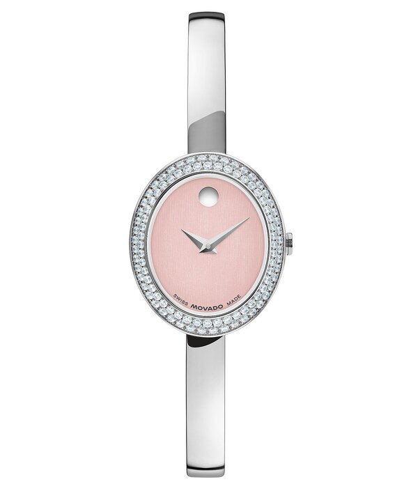 モバド レディース アクセサリー 腕時計 Tシャツ Movado Women's Museum 21.5mm Rhinestone Quartz Analog Stainlessteel Bangle Watch Silver/Pink Dial ピンク