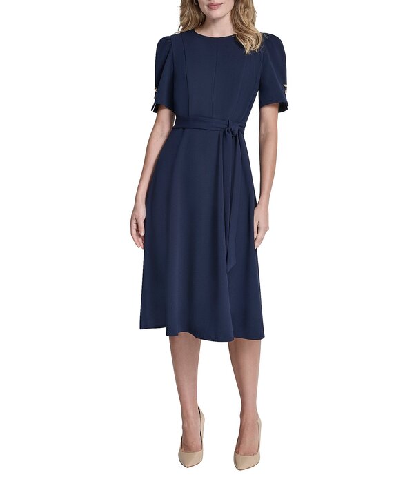 ダナキャラン レディース トップス ワンピース クレープ A ライン プチ ミディ スキューバ DKNY By Donna Karan Petite Size Scuba Crepe Short Sleeve A-Line Midi Dresspring Navy ネイビー
