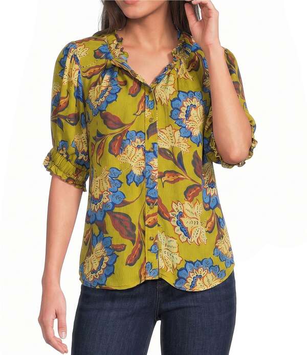 デモクラシー レディース トップス シャツ Vネック フラワー柄 フラワー Democracy Woven Floral Paisley Split V-Neck Elbow Sleeve Button Frontop Chartreuse Multi シャルトリューズ