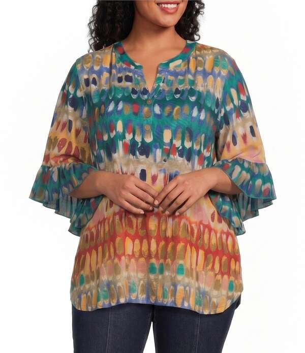 マルチプルズ レディース トップス シャツ プラスサイズ プリント ニット Multiples Plusize Slub Knit Multi Print Banded Y-Neck Elbow Flounce Sleeve Top Multi マルチカラー
