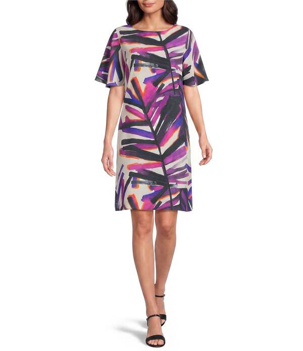 キャロライン ローズ レディース トップス ワンピース クレープリント グラフィック Caroline Rose Brushstroke Graphic Print Matte Crepe Scoop Neck Elbow Flutter Sleeve Dress Multi Black ブラック