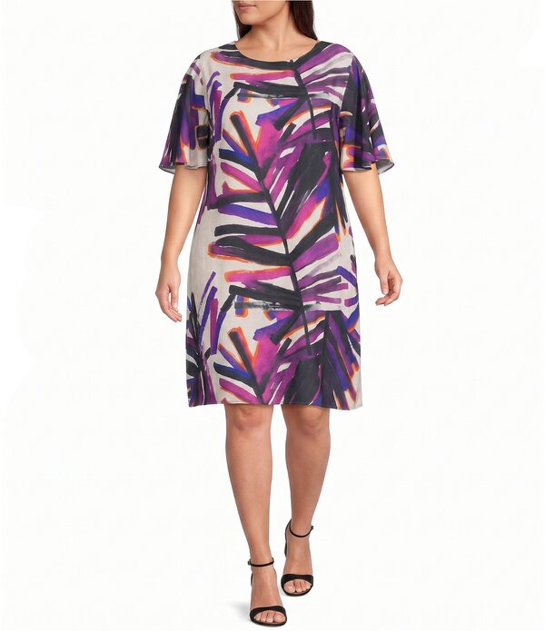 キャロライン ローズ レディース トップス ワンピース クレープラスサイズ プリント グラフィック Caroline Rose Plusize Brushstroke Graphic Print Matte Crepe Scoop Neck Elbow Flutter Sleeve Dress Multi Black ブラック