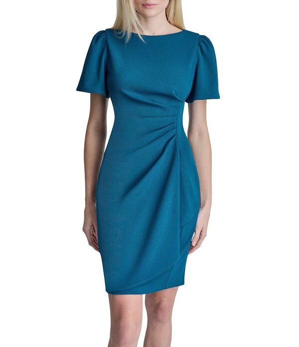 ダナキャラン レディース トップス ワンピース クレープ ギャザー スキューバ DKNY By Donna Karan Scuba Crepe Short Sleeve Ruched Bodice Sheath Dress Teal Glass ティール