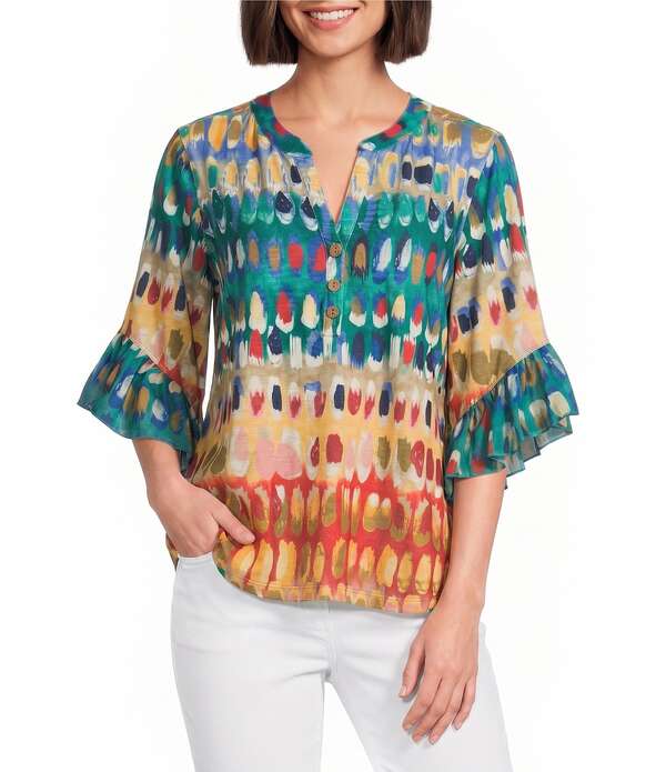 マルチプルズ レディース トップス シャツ Vネック プリント ニット Multipleslub Knit Multi Print Banded Split V-Neck Elbow Flounce Sleeve Top Multi マルチカラー