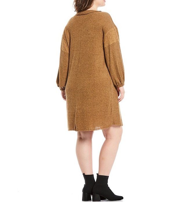 モアモア レディース ワンピース トップス Plus Size Brushed Rib Notch V-Neck Long Sleeve Dress Black Mustard