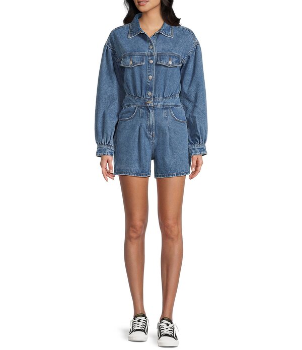 シグネチャーエイト レディース トップス ワンピース ロンパース デニム Signature 8 Denim Long Sleeve Button Front Romper Medium Denim デニム