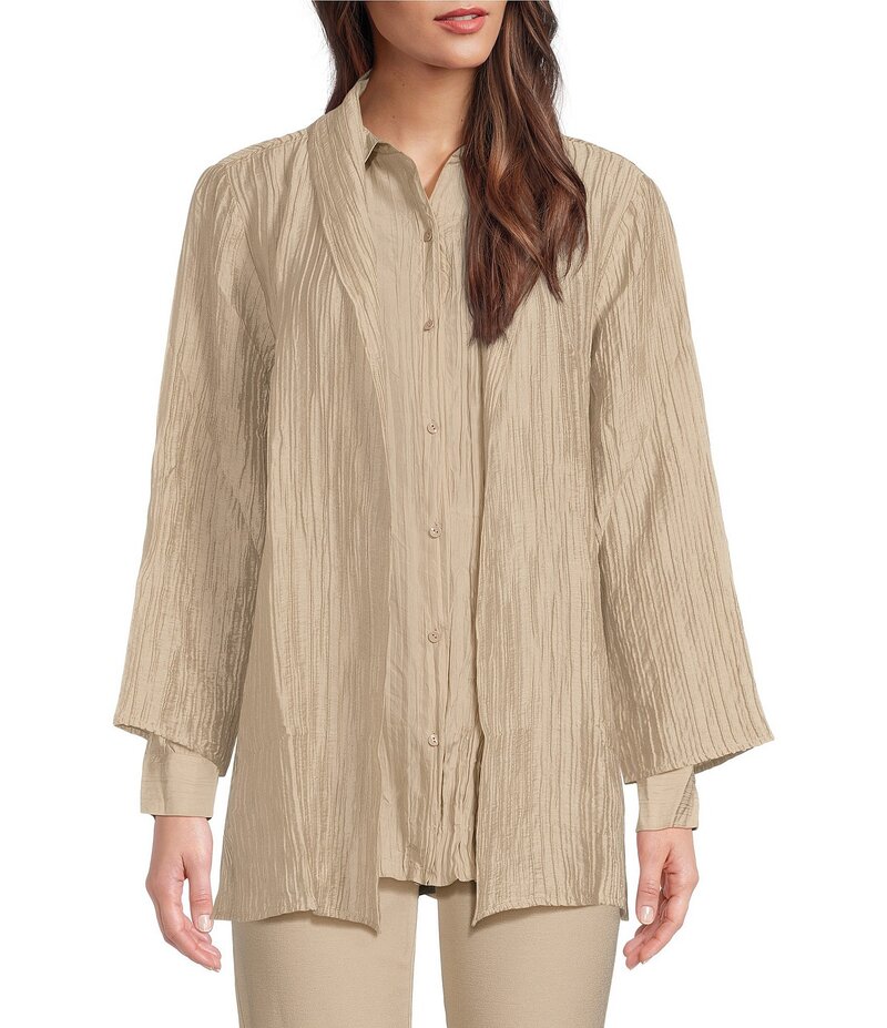 【送料無料】 エイリーンフィッシャー レディース コート アウター Crinkle Shimmer High Collar Bracelet Sleeve Open Front Jacket Wheat