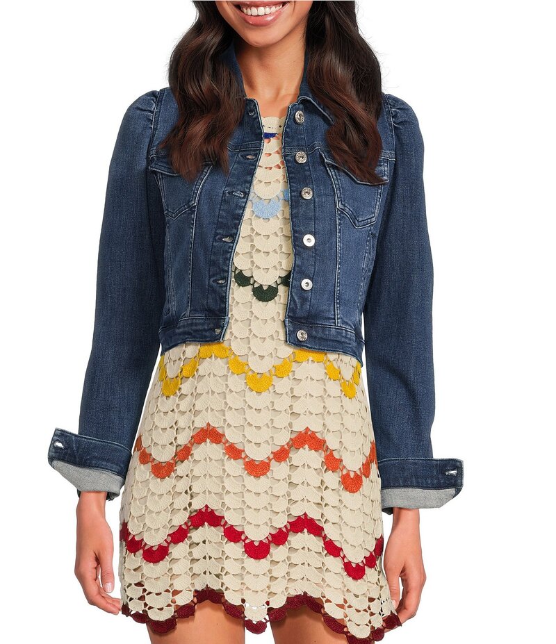 【送料無料】 チェルシーアンドバイオレット レディース コート アウター Point Collar Long Puff Shoulder Sleeve Denim Short Statement Jacket Quartz Wash