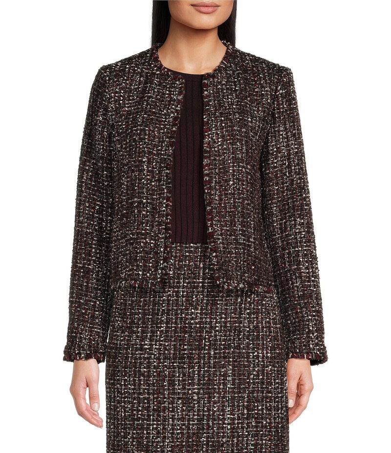 【送料無料】 カルバンクライン レディース コート アウター Tweed Open Front Round Neck Coordinating Cropped Jacket Black/Multi