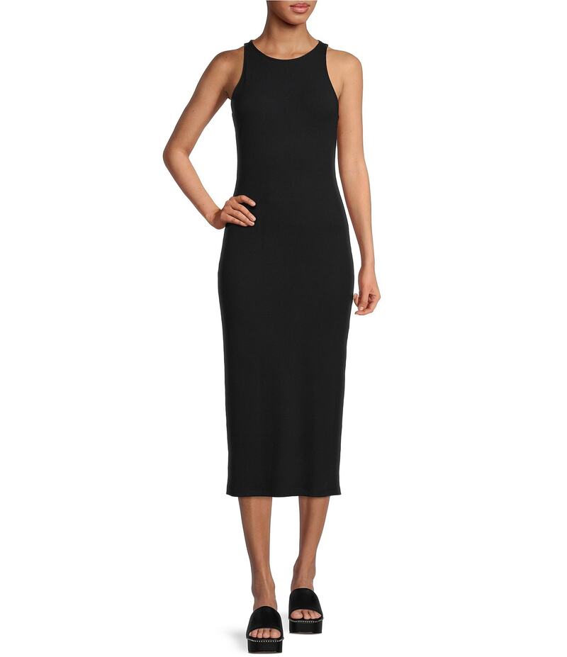 【送料無料】 ジャンビニ レディース ワンピース トップス Knit Round Neck Sleeveless Racer Thigh High Side Slit Midi Sheath Bodycon Dress Black