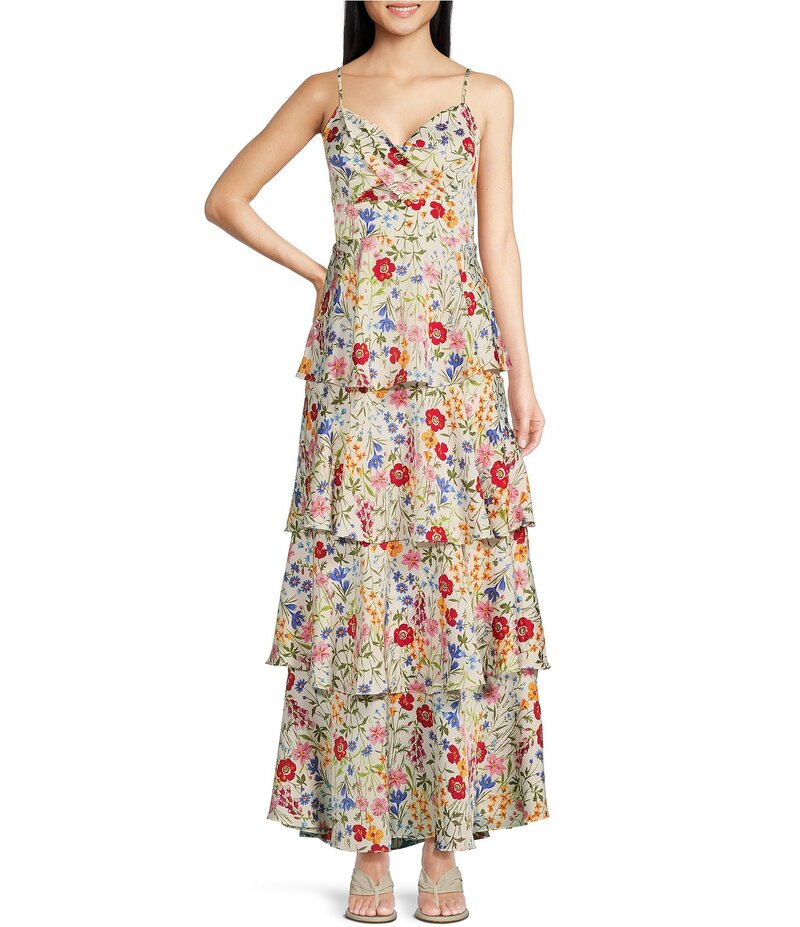 【送料無料】 スカイズアブルー レディース ワンピース トップス Floral Print Sweethart Neck Sleeveless Tiered Maxi Dress White-Red